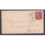 1859 ROSCREA Irish type spoon cancel on envelope to Dublin. SG 40 Penny red. Borriskane back stamp.