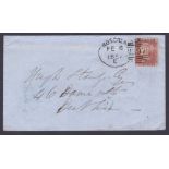 1857 ROSCREA spoon cancel, English type on Envelope to Dublin,  Penny red creased but cancellation