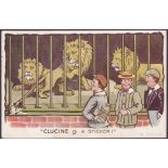 Advertising postcard for Clucine glue. Reverse of card shows Lions in a cage getting tail stuck !
