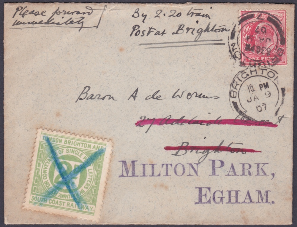 1907 Edward VII cover send on on the 2.20 train from Brighton. Cover has London to Brighton South