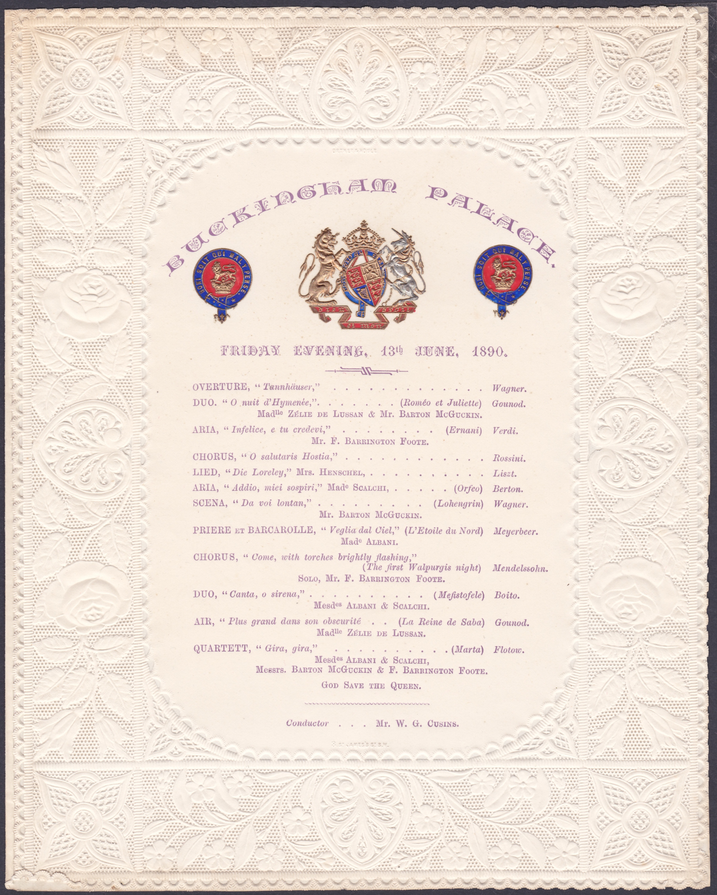 Buckingham Palace music performance 13th June 1890, detailed on a very fine lace bordered folder.