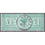 GREAT BRITAIN STAMPS : 1891 £1 green fine used example (MD), single CDS cancel.