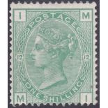 GREAT BRITAIN STAMPS : 1873 1/- green (MI) plate 12 mounted mint.