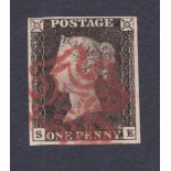 GREAT BRITAIN STAMPS :1840 Penny Black plate 5 (SE). very fine four margin example.