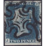 GREAT BRITAIN STAMPS : 1840 Two Penny Deep Blue plate 2 (JE), fine four margin example.