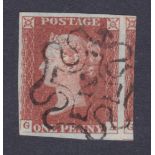 GREAT BRITAIN STAMPS : 1841 Penny Red (GA) . Fine four margin example cancelled by clear No 2 in MX.