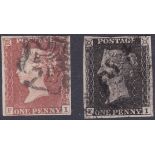 GREAT BRITAIN STAMPS : 1840 Penny Black plate ELEVEN (FI) fine four margin example matched with