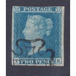 GREAT BRITAIN STAMPS : 1841 Two Penny Blue (TK) fine four margins, cancelled by MX.