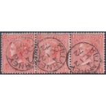 GREAT BRITAIN STAMPS : 1870 4d vermilion plate 12, very fine used strip of three,