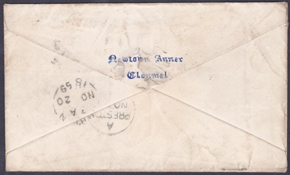 POSTAL HISTORY : 1859 CLONMEL Spoon cancel on small envelope to Preston. dated 19th November 1859. - Image 2 of 2