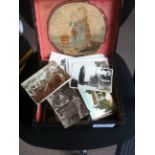 POST CARDS : Old wooden box with a few hundred cards.