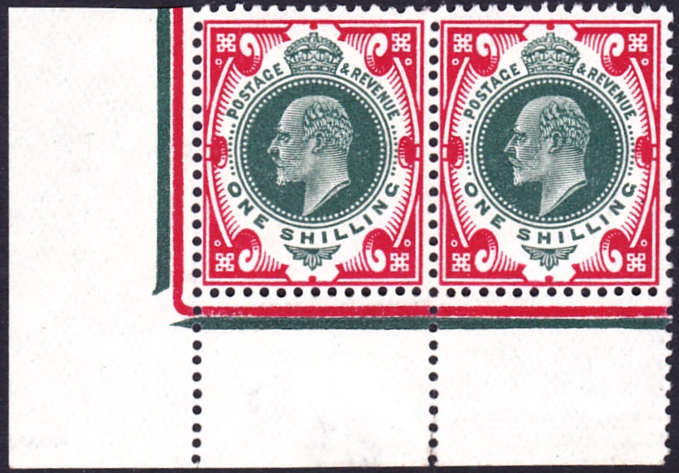 GREAT BRITAIN STAMPS : 1912 1/- green and carmine, very fine  unmounted mint corner marginal pair,