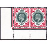 GREAT BRITAIN STAMPS : 1912 1/- green and carmine, very fine  unmounted mint corner marginal pair,