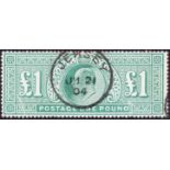 GREAT BRITAIN STAMPS : 1902 £1 dull blue green.