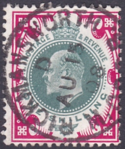GREAT BRITAIN STAMPS : 1905 1/- dull green and deep carmine (chalky). A very fine used example.