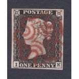 GREAT BRITAIN STAMPS : 1840 Penny Black plate 1a (IK). Very fine four margin example.