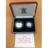 COIN : 1990 Silver Five Pence two coin proof set cased and boxed