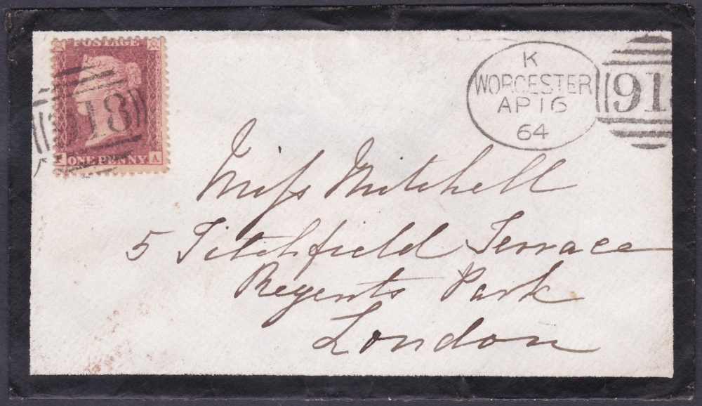 POSTAL HISTORY : 1864 WORCESTER Spoon cancel (3rd re-cut) on small mourning cover.