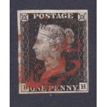 GREAT BRITAIN STAMPS : 1840 Penny Black plate 8 (BH) fine four margin example cancelled by red MX.
