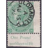 GREAT BRITAIN STAMPS : 1871 1/- green plate 6 (OH). Superb inscriptional, marginal used example.