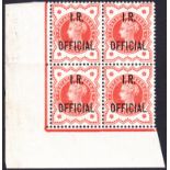 GREAT BRITAIN STAMPS : 1888 1/2d vermilion IR Officials unmounted mint corner block of 4. SG O13.