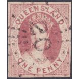 QUEENSLAND STAMPS , 1860 1d carmine rose imperf, fine used with four margins, SG 1.