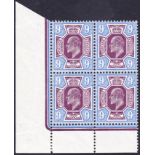 GREAT BRITAIN STAMPS : 1913 9d unmounted mint marginal corner block of 4.