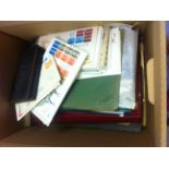 STAMPS : Box with world selection in stockbooks, loose etc. Also covers & old postcards.