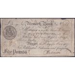 BANK NOTE : 1897 £5 Bank Note from Newark Bank no. 968, dated 26th March 1807.