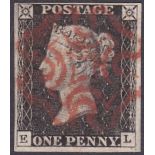 GREAT BRITAIN STAMPS : 1840 Penny Black plate 2 (EL). Four margin example cancelled by red MX.