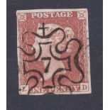 GREAT BRITAIN STAMPS : 1841 Penny Red (LD). Fine four margin example, cancelled by No 7 in MX.