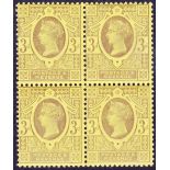 GREAT BRITAIN STAMPS : 1887 3d Purple/Yellow very fine unmounted mint block of 4.