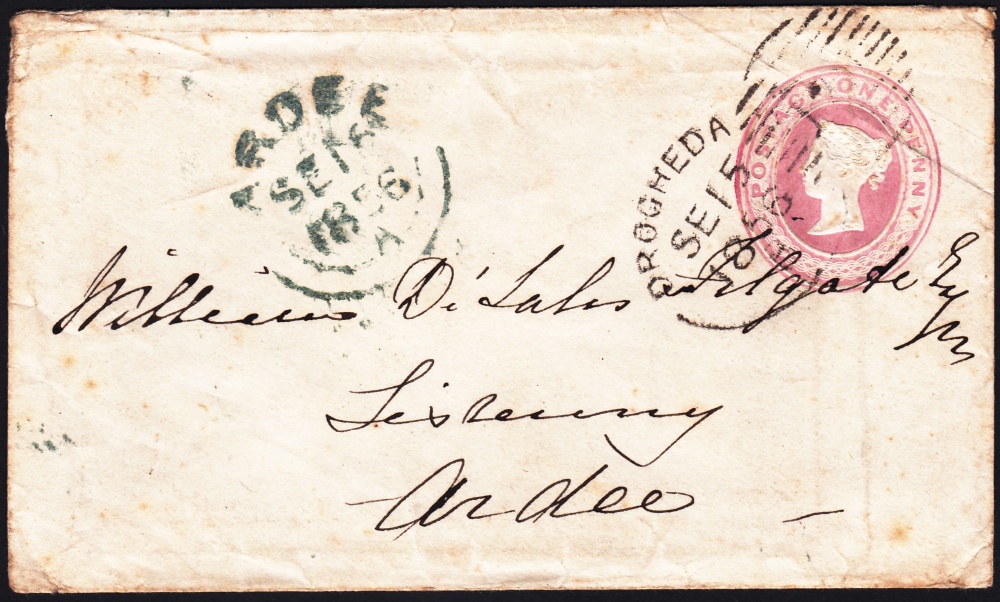 POSTAL HISTORY : 1856 DROGHEDA English type spoon cancel on postal stationery envelope to Ardee.