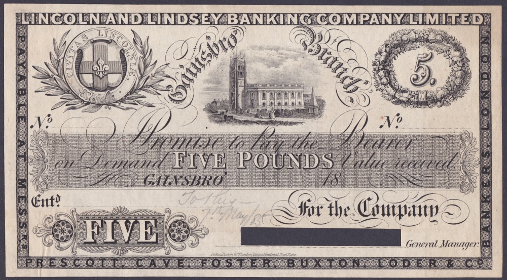 BANK NOTE : 1885 £5 Bank Note , very good condition, from Lincoln and Lindsey Bank,