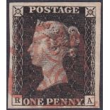 GREAT BRITAIN STAMPS : 1840 Penny Black plate 4 (RA) . Very fine four margin example.