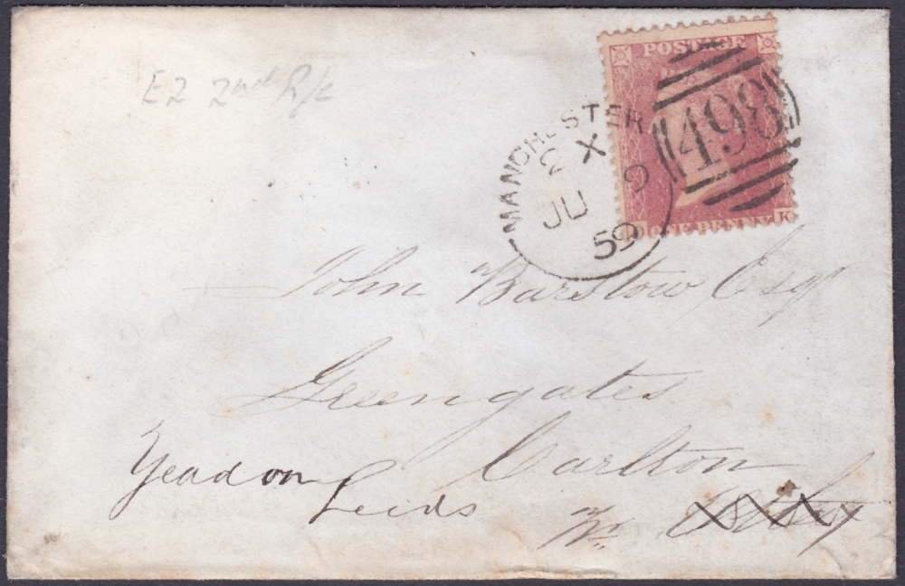 POSTAL HISTORY : 1859 Penny Red cover, cancelled by MANCHESTER Spoon second re-cut.