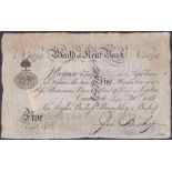 BANK NOTE : 1813 £5 Bank note for The Weald of Kent Bank, no 1898, Issued in Cranbrook,