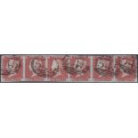 GREAT BRITAIN STAMPS : 1841 Penny Reds, fine used strip of 6, complete margins all around, plate 64.