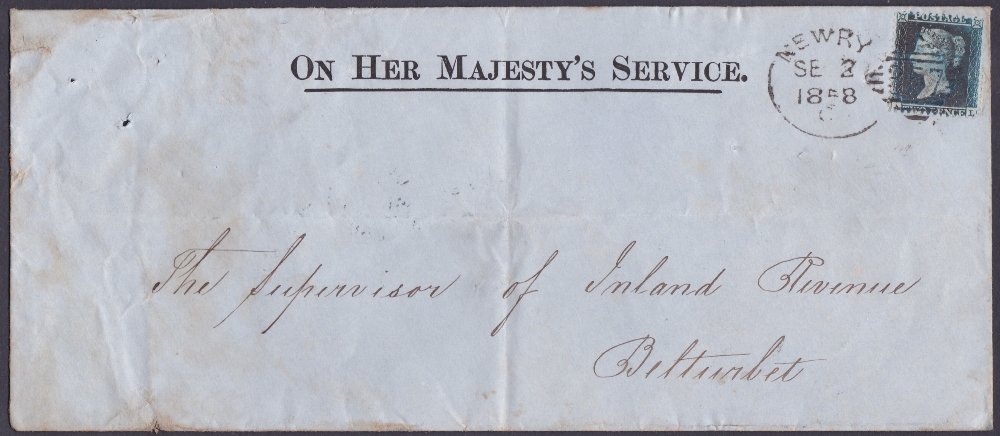 POSTAL HISTORY : 1858 Inland Revenue wrapper with 2d star tied by a very crisp Newry Spoon cancel