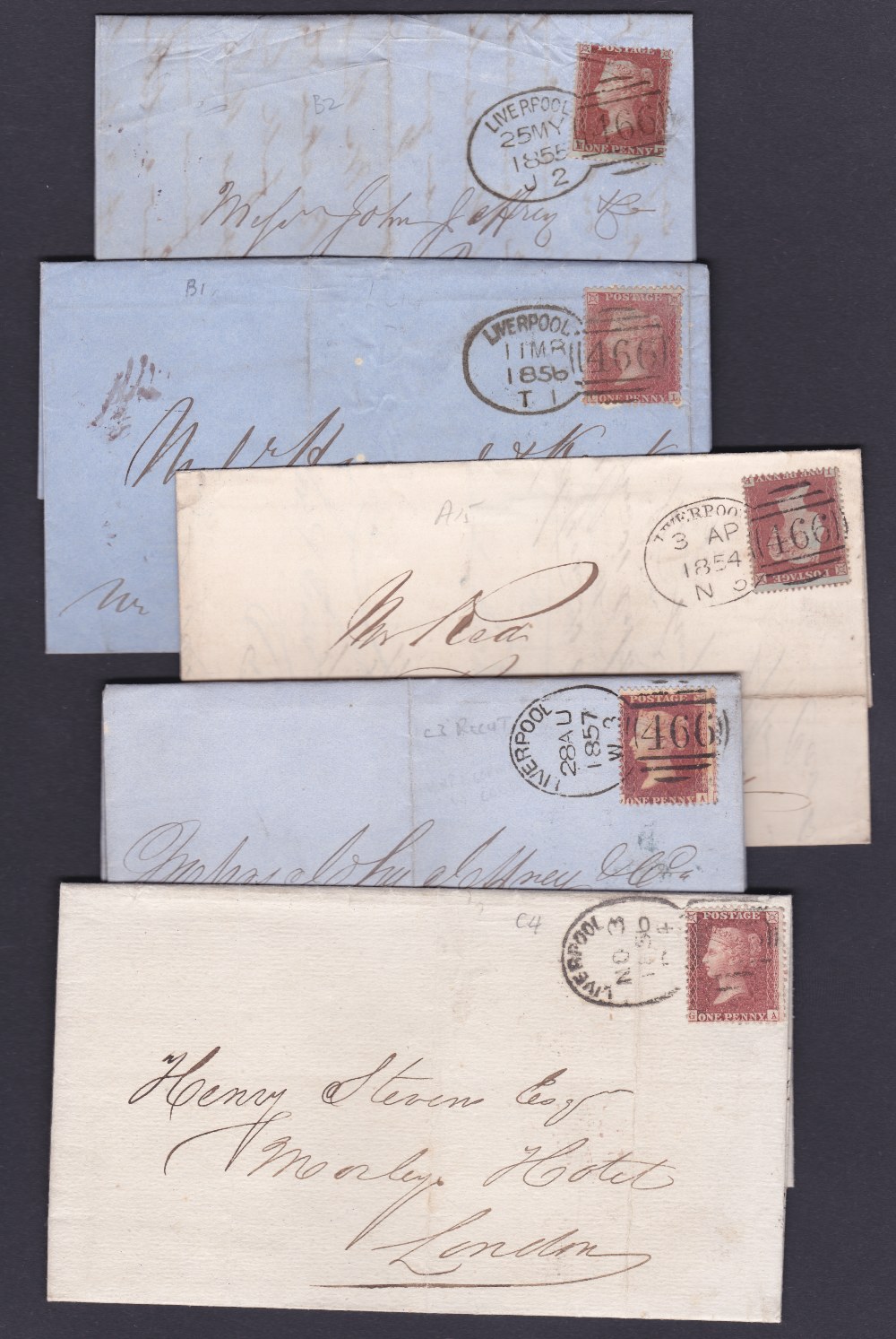 POSTAL HISTORY : 1850's LIVERPOOL Spoons on penny red star covers (5)