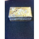 Stamp box, hammered brass covered wooden box with three compartments.