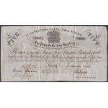 BANK NOTE : 1840 £5 Note from Jersey numbered 1310, dated 1st September 1840.