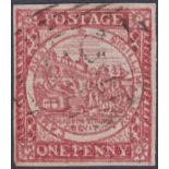 NEW SOUTH WALES STAMPS : 1850 1d vermilion imperf, very fine used with four margins, SG 7.