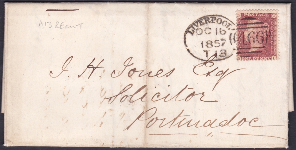 POSTAL HISTORY : 1857 LIVERPOOL Spoon cancel (re-cut) on neat penny star cover to Portmadoc,