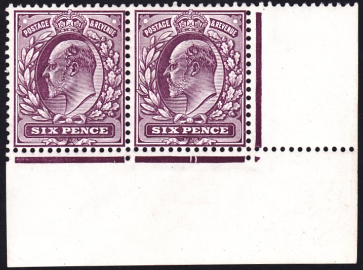 GREAT BRITAIN STAMPS : 1913 6d Deep Plum (chalky) unmounted mint corner marginal pair.