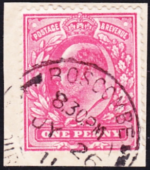 GREAT BRITAIN STAMPS : 1911 1d Aniline Pink, very scarce shade fine used on small piece.