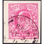 GREAT BRITAIN STAMPS : 1911 1d Aniline Pink, very scarce shade fine used on small piece.