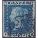 GREAT BRITAIN STAMPS : 1841 2d Blue plate 3 (PD), fine four margin example cancelled by black MX.