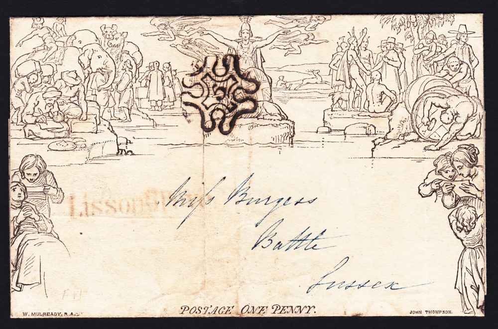 POSTAL HISTORY : 1843 One Penny Mulready letter sheet sent from London to Battle cancelled by the