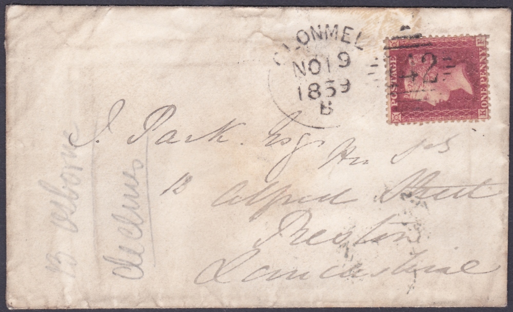 POSTAL HISTORY : 1859 CLONMEL Spoon cancel on small envelope to Preston. dated 19th November 1859.